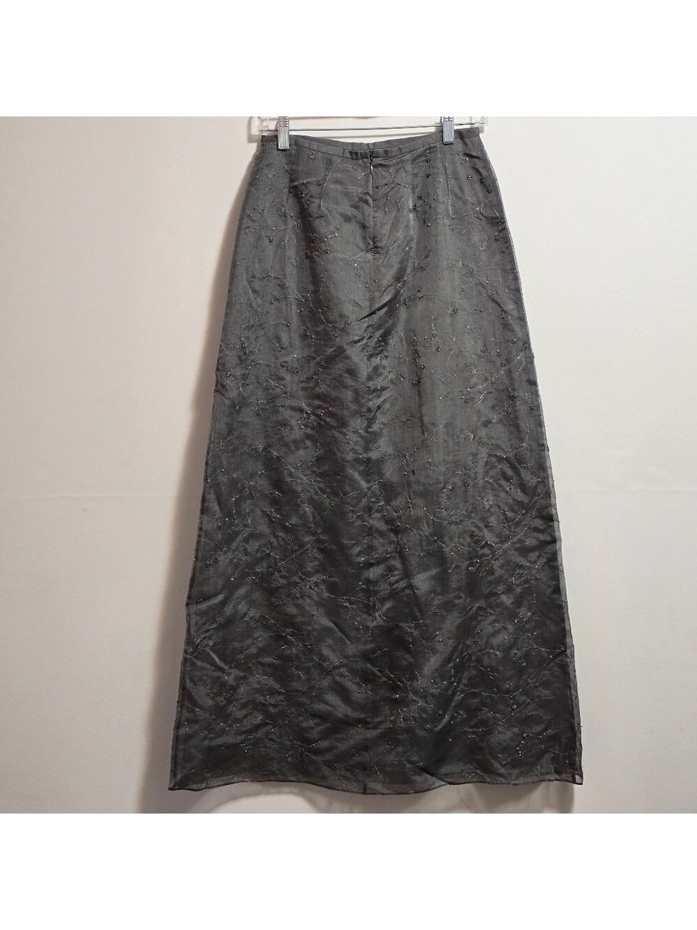Vintage Anne Taylor 100% Silk Grey Embroidered Flora Pearl Maxi Skirt - Picture 5 of 10